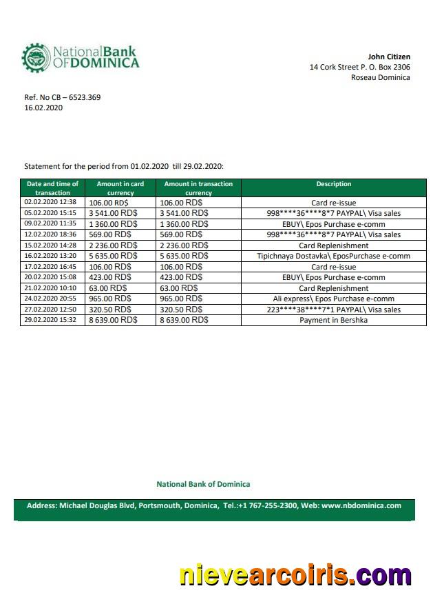 Dominica National Bank of Dominica bank statement